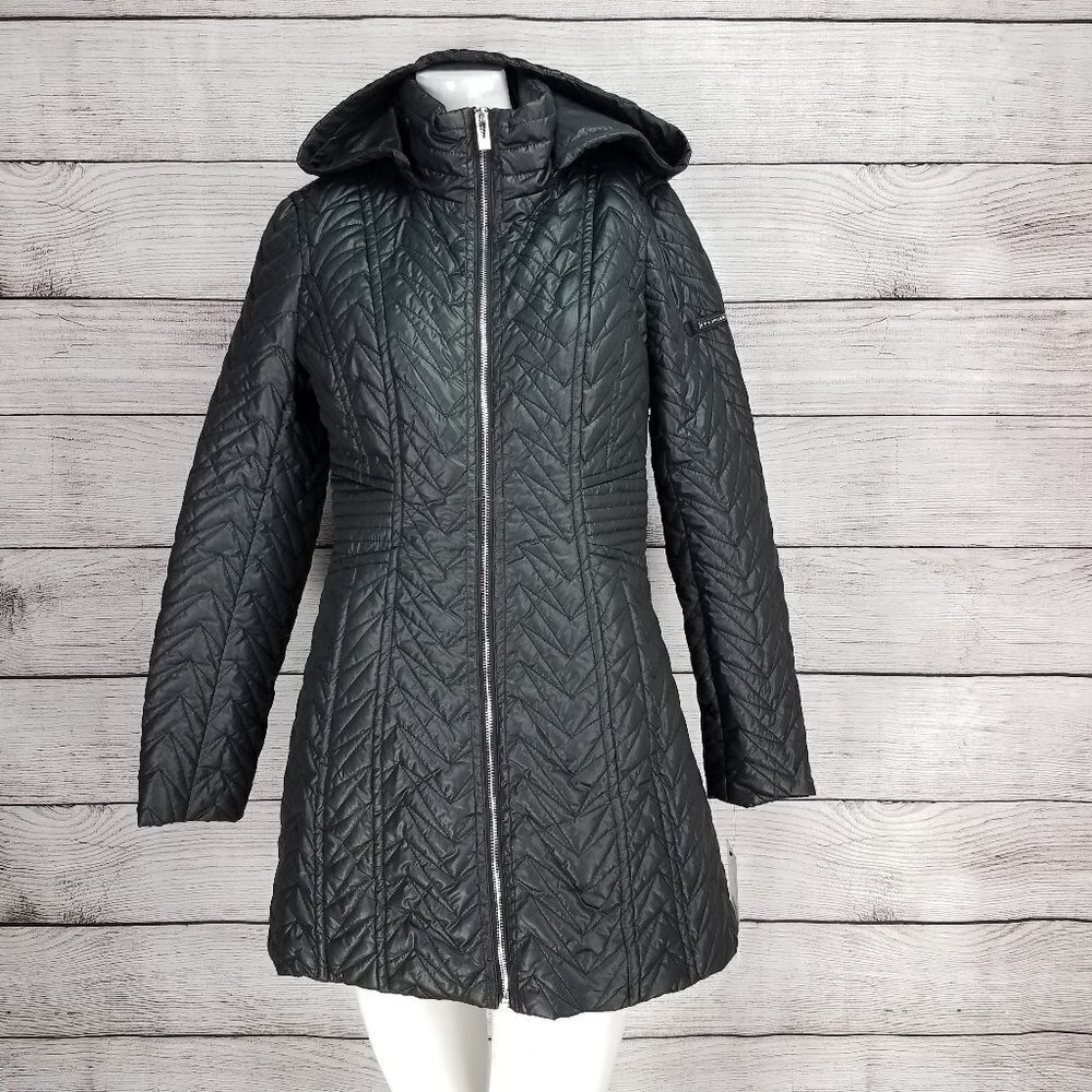NWT Via Spiga Zig Zag Quilted Cargo Utility Jacket Coat Hooded Black Pockets